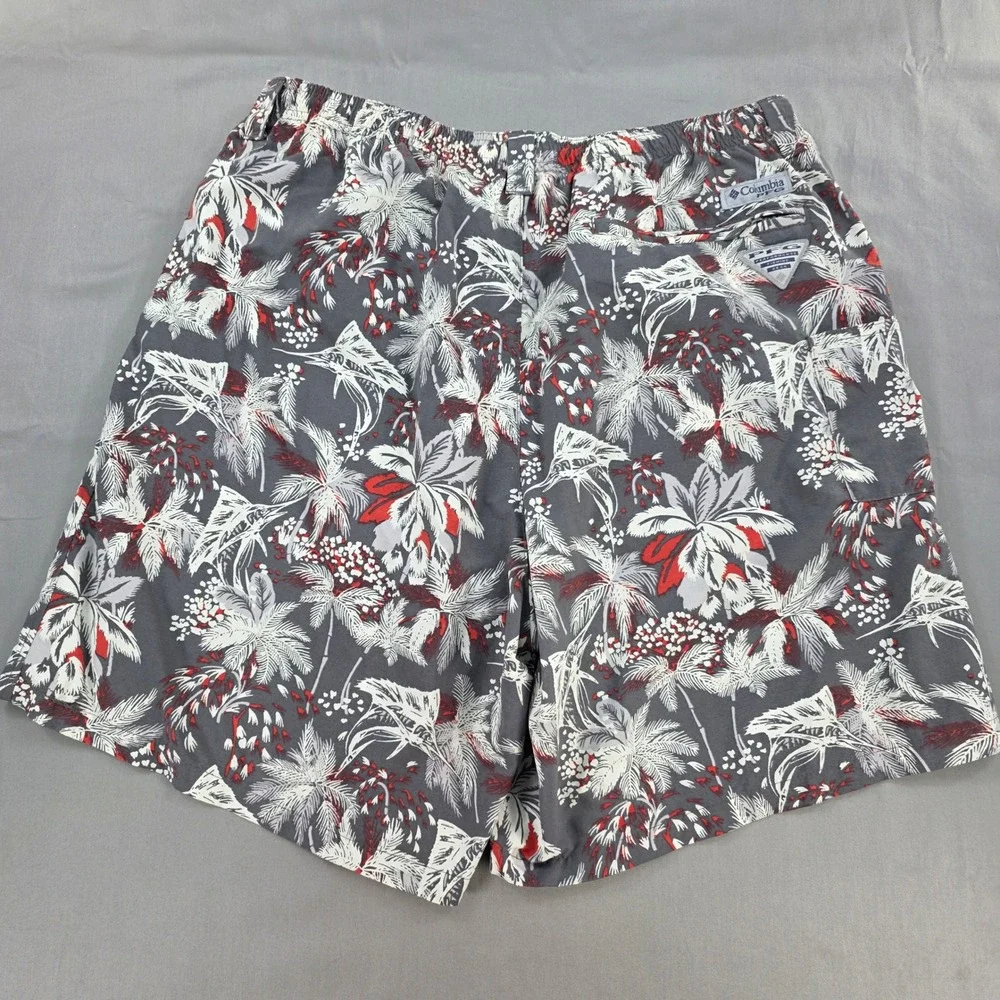Columbia PFG Palm Print Swim Trunks Elastic Waist Tropical Shorts Large 8 Inseam